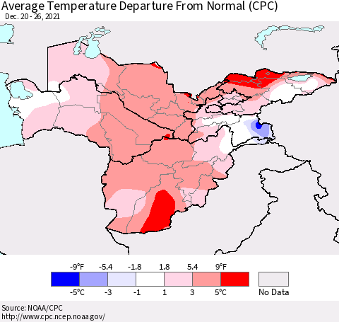 Central Asia Average Temperature Departure from Normal (CPC) Thematic Map For 12/20/2021 - 12/26/2021