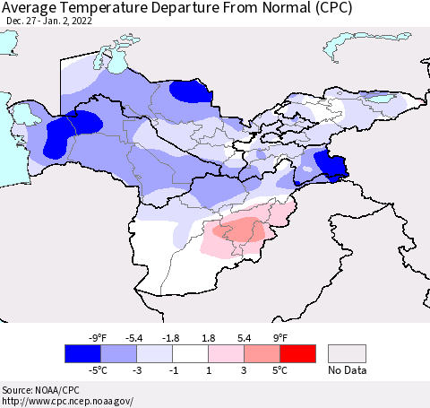 Central Asia Average Temperature Departure from Normal (CPC) Thematic Map For 12/27/2021 - 1/2/2022