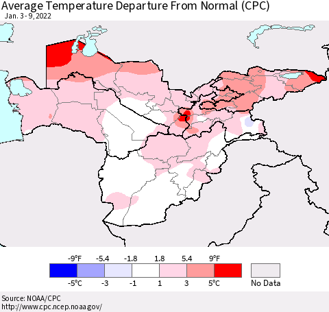 Central Asia Average Temperature Departure from Normal (CPC) Thematic Map For 1/3/2022 - 1/9/2022