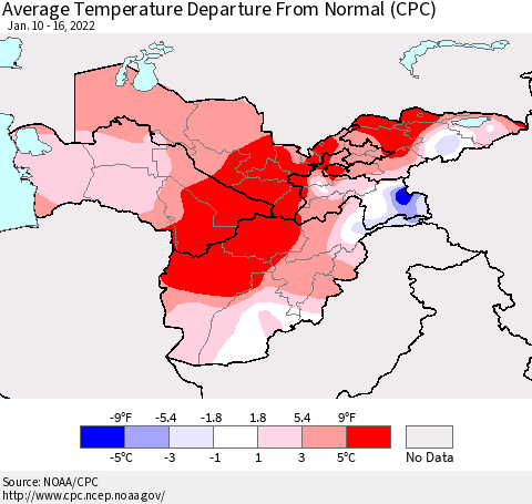 Central Asia Average Temperature Departure from Normal (CPC) Thematic Map For 1/10/2022 - 1/16/2022