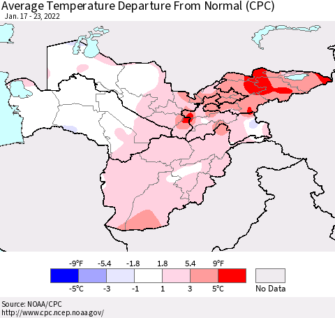 Central Asia Average Temperature Departure from Normal (CPC) Thematic Map For 1/17/2022 - 1/23/2022