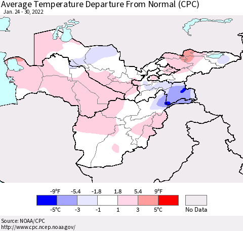 Central Asia Average Temperature Departure from Normal (CPC) Thematic Map For 1/24/2022 - 1/30/2022