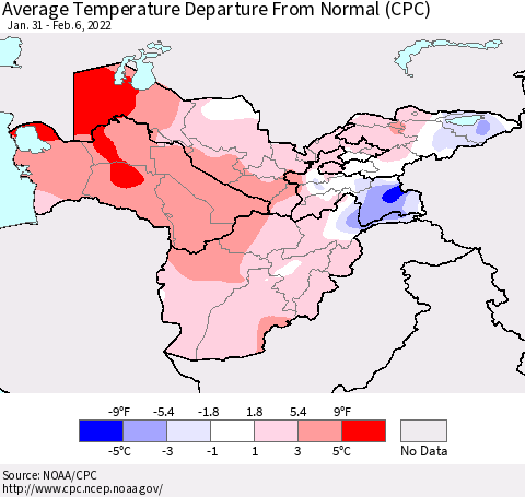 Central Asia Average Temperature Departure from Normal (CPC) Thematic Map For 1/31/2022 - 2/6/2022