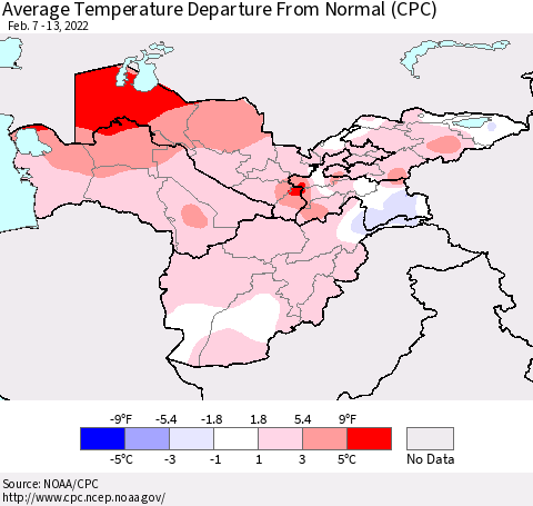 Central Asia Average Temperature Departure from Normal (CPC) Thematic Map For 2/7/2022 - 2/13/2022