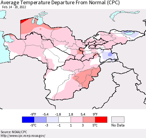 Central Asia Average Temperature Departure from Normal (CPC) Thematic Map For 2/14/2022 - 2/20/2022