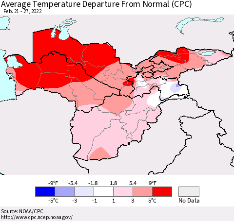 Central Asia Average Temperature Departure from Normal (CPC) Thematic Map For 2/21/2022 - 2/27/2022