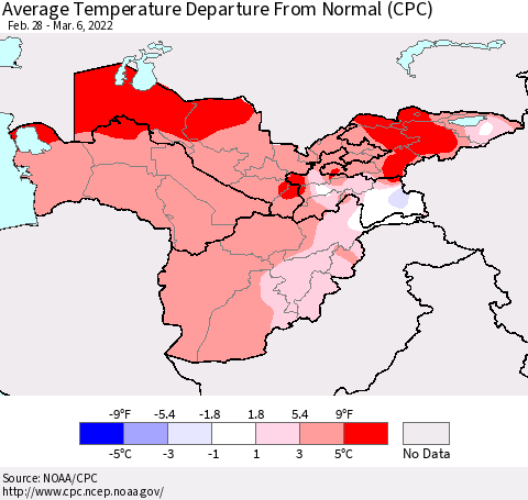 Central Asia Average Temperature Departure from Normal (CPC) Thematic Map For 2/28/2022 - 3/6/2022