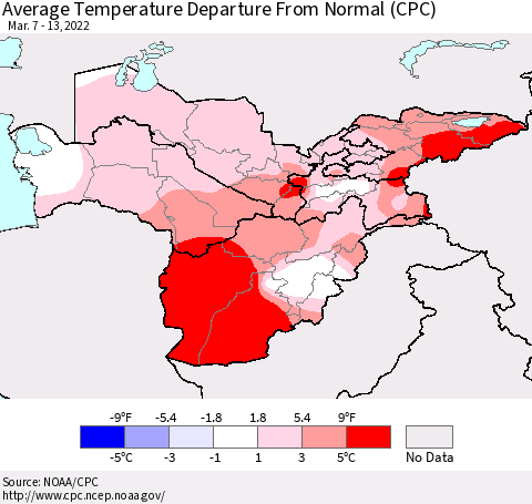 Central Asia Average Temperature Departure from Normal (CPC) Thematic Map For 3/7/2022 - 3/13/2022