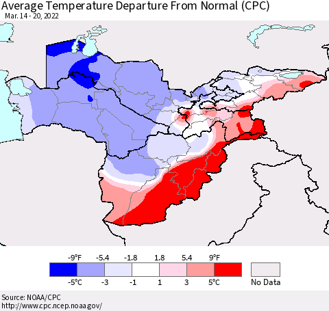 Central Asia Average Temperature Departure from Normal (CPC) Thematic Map For 3/14/2022 - 3/20/2022