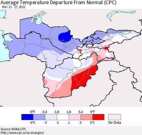Central Asia Average Temperature Departure from Normal (CPC) Thematic Map For 3/21/2022 - 3/27/2022