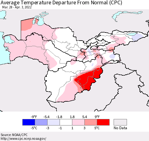 Central Asia Average Temperature Departure from Normal (CPC) Thematic Map For 3/28/2022 - 4/3/2022