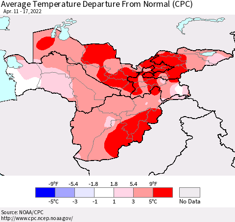 Central Asia Average Temperature Departure from Normal (CPC) Thematic Map For 4/11/2022 - 4/17/2022