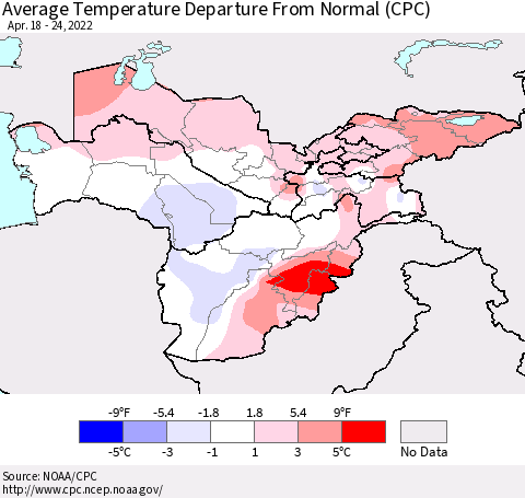 Central Asia Average Temperature Departure from Normal (CPC) Thematic Map For 4/18/2022 - 4/24/2022