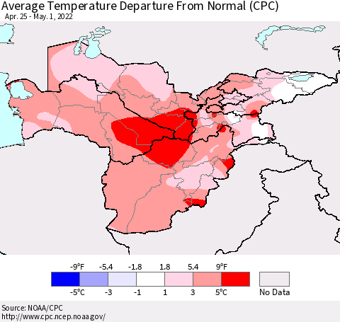 Central Asia Average Temperature Departure from Normal (CPC) Thematic Map For 4/25/2022 - 5/1/2022