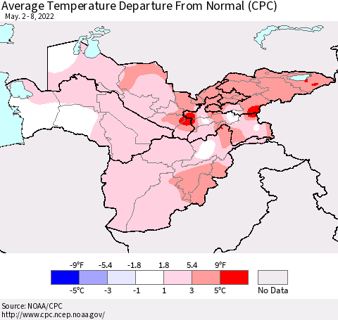 Central Asia Average Temperature Departure from Normal (CPC) Thematic Map For 5/2/2022 - 5/8/2022