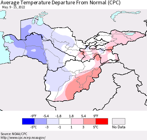 Central Asia Average Temperature Departure from Normal (CPC) Thematic Map For 5/9/2022 - 5/15/2022
