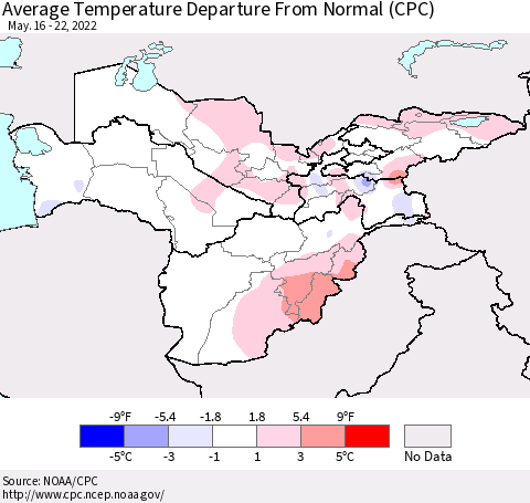 Central Asia Average Temperature Departure from Normal (CPC) Thematic Map For 5/16/2022 - 5/22/2022