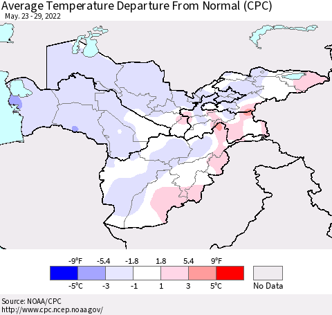 Central Asia Average Temperature Departure from Normal (CPC) Thematic Map For 5/23/2022 - 5/29/2022