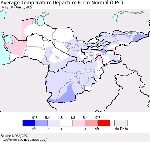 Central Asia Average Temperature Departure from Normal (CPC) Thematic Map For 5/30/2022 - 6/5/2022