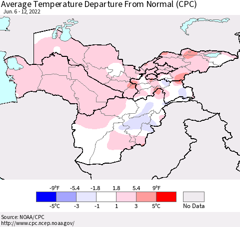 Central Asia Average Temperature Departure from Normal (CPC) Thematic Map For 6/6/2022 - 6/12/2022
