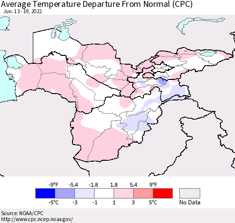 Central Asia Average Temperature Departure from Normal (CPC) Thematic Map For 6/13/2022 - 6/19/2022