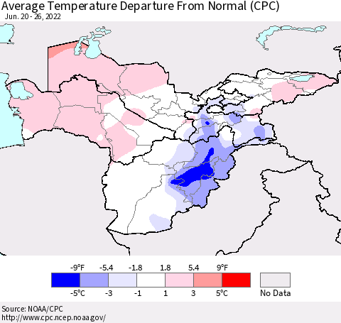 Central Asia Average Temperature Departure from Normal (CPC) Thematic Map For 6/20/2022 - 6/26/2022