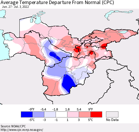 Central Asia Average Temperature Departure from Normal (CPC) Thematic Map For 6/27/2022 - 7/3/2022