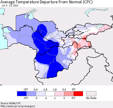 Central Asia Average Temperature Departure from Normal (CPC) Thematic Map For 7/4/2022 - 7/10/2022
