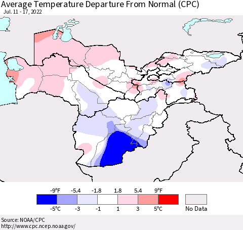 Central Asia Average Temperature Departure from Normal (CPC) Thematic Map For 7/11/2022 - 7/17/2022