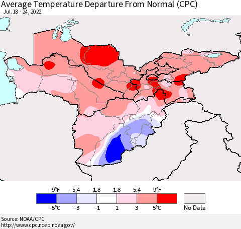 Central Asia Average Temperature Departure from Normal (CPC) Thematic Map For 7/18/2022 - 7/24/2022