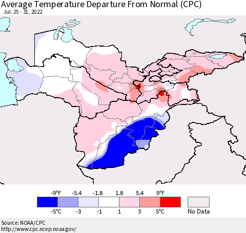 Central Asia Average Temperature Departure from Normal (CPC) Thematic Map For 7/25/2022 - 7/31/2022