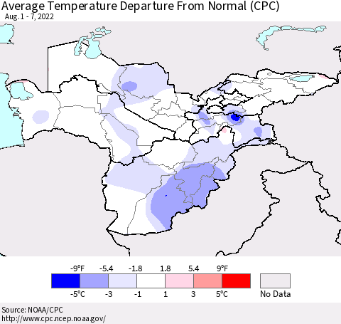 Central Asia Average Temperature Departure from Normal (CPC) Thematic Map For 8/1/2022 - 8/7/2022