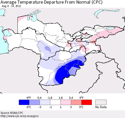 Central Asia Average Temperature Departure from Normal (CPC) Thematic Map For 8/8/2022 - 8/14/2022