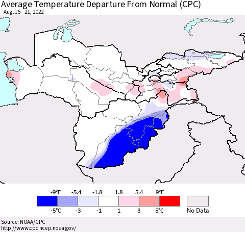 Central Asia Average Temperature Departure from Normal (CPC) Thematic Map For 8/15/2022 - 8/21/2022