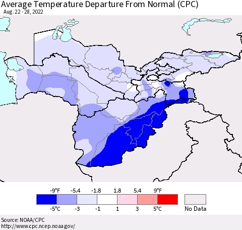 Central Asia Average Temperature Departure from Normal (CPC) Thematic Map For 8/22/2022 - 8/28/2022