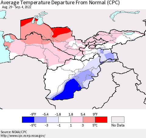 Central Asia Average Temperature Departure from Normal (CPC) Thematic Map For 8/29/2022 - 9/4/2022