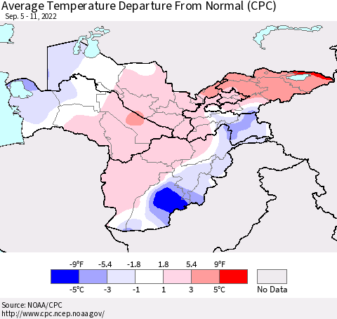 Central Asia Average Temperature Departure from Normal (CPC) Thematic Map For 9/5/2022 - 9/11/2022