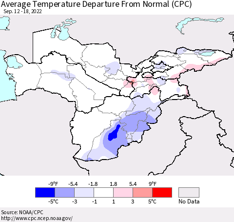 Central Asia Average Temperature Departure from Normal (CPC) Thematic Map For 9/12/2022 - 9/18/2022