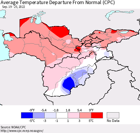 Central Asia Average Temperature Departure from Normal (CPC) Thematic Map For 9/19/2022 - 9/25/2022