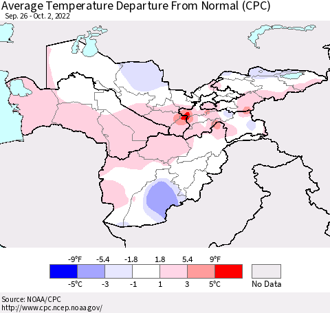 Central Asia Average Temperature Departure from Normal (CPC) Thematic Map For 9/26/2022 - 10/2/2022