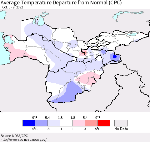Central Asia Average Temperature Departure from Normal (CPC) Thematic Map For 10/3/2022 - 10/9/2022