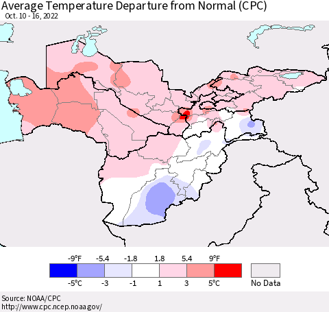 Central Asia Average Temperature Departure from Normal (CPC) Thematic Map For 10/10/2022 - 10/16/2022