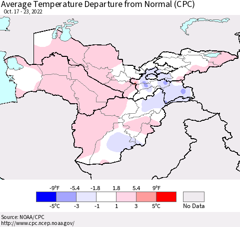 Central Asia Average Temperature Departure from Normal (CPC) Thematic Map For 10/17/2022 - 10/23/2022