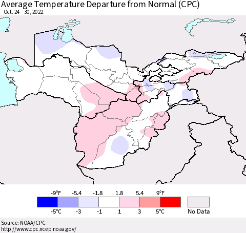 Central Asia Average Temperature Departure from Normal (CPC) Thematic Map For 10/24/2022 - 10/30/2022