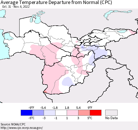 Central Asia Average Temperature Departure from Normal (CPC) Thematic Map For 10/31/2022 - 11/6/2022