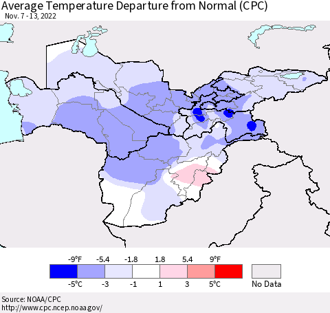 Central Asia Average Temperature Departure from Normal (CPC) Thematic Map For 11/7/2022 - 11/13/2022