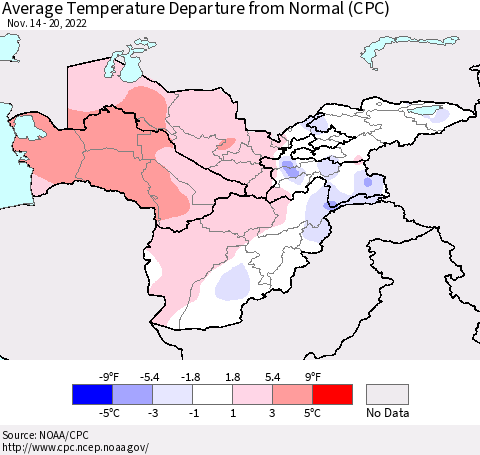 Central Asia Average Temperature Departure from Normal (CPC) Thematic Map For 11/14/2022 - 11/20/2022