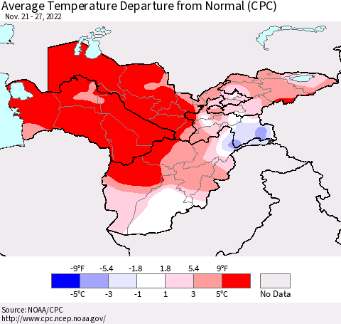 Central Asia Average Temperature Departure from Normal (CPC) Thematic Map For 11/21/2022 - 11/27/2022