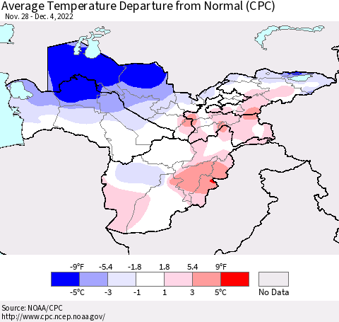 Central Asia Average Temperature Departure from Normal (CPC) Thematic Map For 11/28/2022 - 12/4/2022