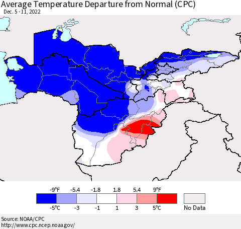 Central Asia Average Temperature Departure from Normal (CPC) Thematic Map For 12/5/2022 - 12/11/2022